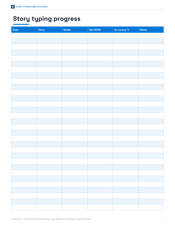 Preview of Story Typing Progress Log