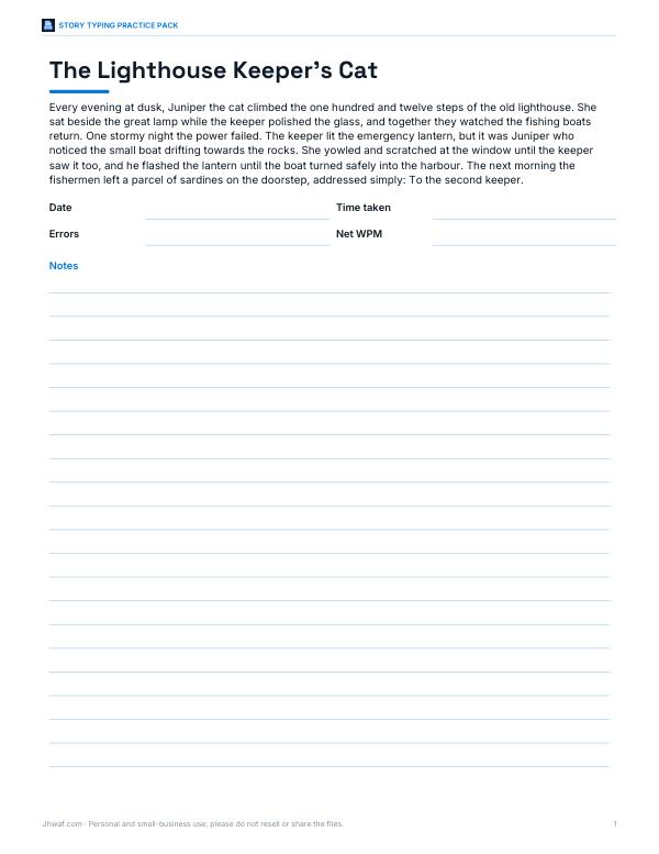 Preview of The Lighthouse Keeper’s Cat Story Typing Test
